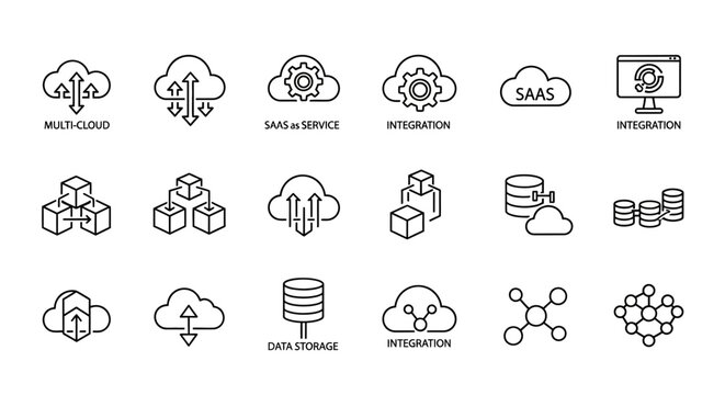 Diverse cloud computing and networking line icons for digital infrastructure solutions