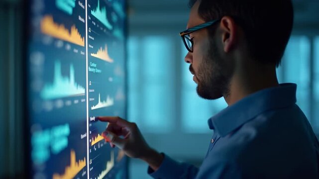 Man pointing at interactive data charts on large holographic touchscreen in futuristic blue-lit office with cityscape view through windows, concept of data analytics, business intelligence, financial 