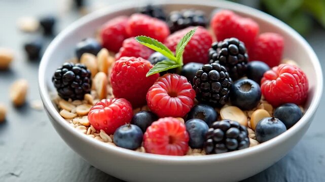 Healthy breakfast bowl with oats berries and nuts, vivid colors, sharp textures, balanced positive wellness mood