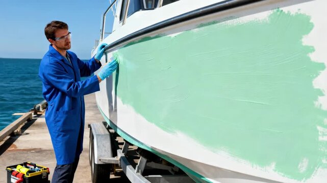 Marine expert inspecting a boat hull treated with biodegradable nontoxic coating showcasing sustainable maritime protection methods.