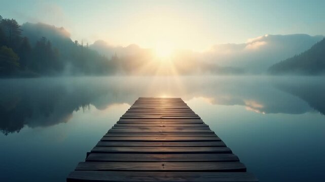 Empty wooden dock stretching over calm lake morning mist glowing light tranquil escape vivid colors