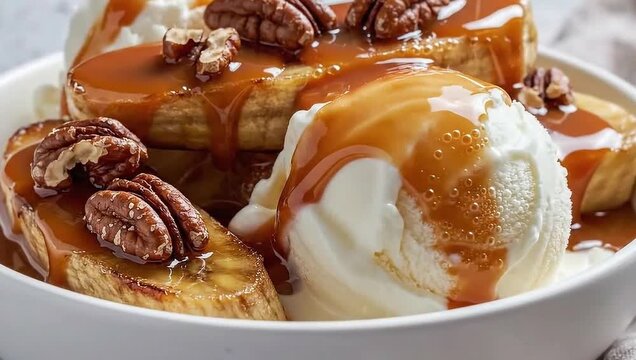 Caramelized bananas with vanilla ice cream and pecans in a white bowl