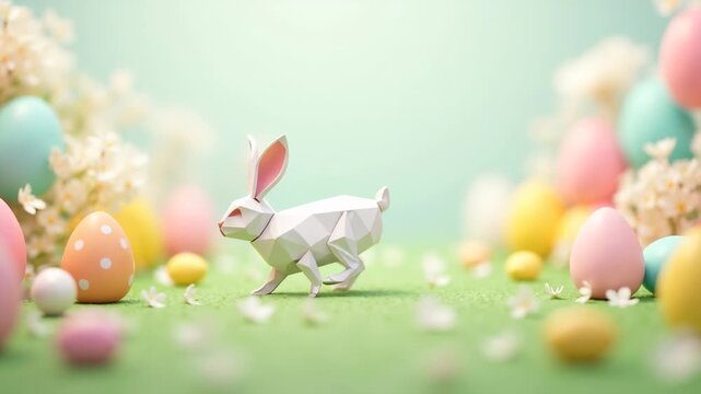 Delicate paper-cut white origami Easter bunny in layered paper art style, сoncept of easter celebration, spring greeting cards