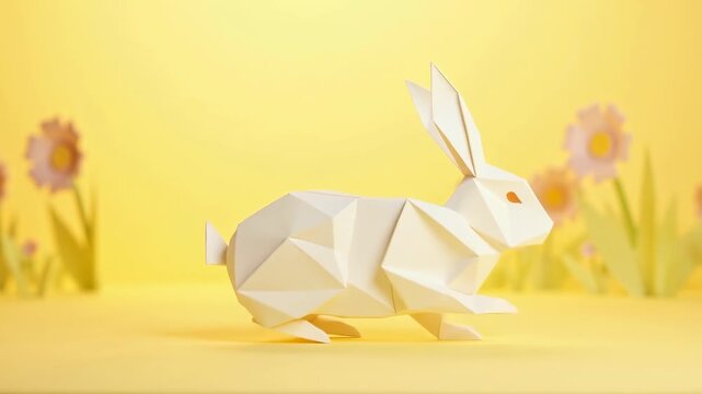 Delicate paper-cut white origami Easter bunny in layered paper art style, сoncept of easter celebration, spring greeting cards
