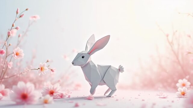 Delicate paper-cut white origami Easter bunny in layered paper art style, сoncept of easter celebration, spring greeting cards
