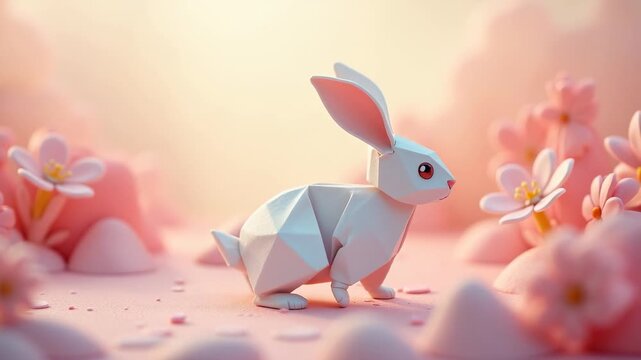 Delicate paper-cut white origami Easter bunny in layered paper art style, сoncept of easter celebration, spring greeting cards