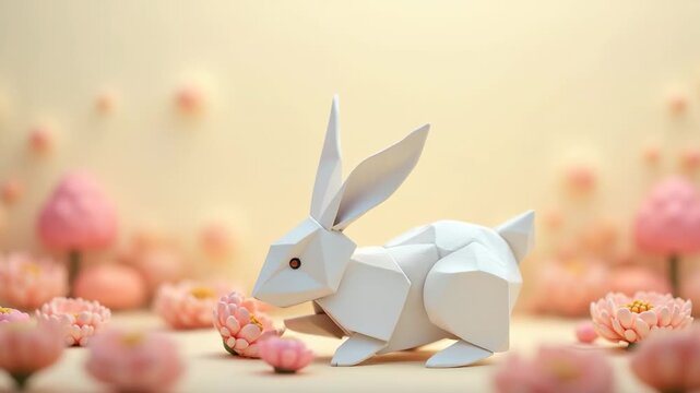 Delicate paper-cut white origami Easter bunny in layered paper art style, сoncept of easter celebration, spring greeting cards