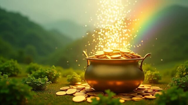 Golden pot overflowing with coins and four leaf clovers emitting magical rainbow light and floating shamrocks in misty irish hills at sunrise, concept of st patricks day, irish culture
