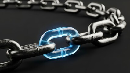Glowing Blue Link in a Metal Chain on a Dark Background.