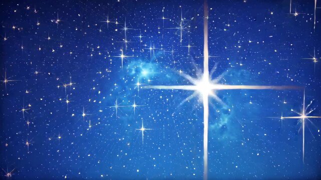 Bright stars shining in deep blue space surrounded by sparkling particles. Ideal cosmic background for science or fantasy themes