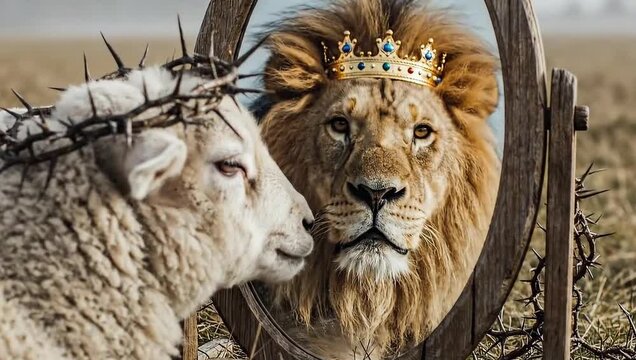 Lamb wearing a crown of thorns looks in a mirror reflecting a crowned lion, religious concept of jesus christ duality