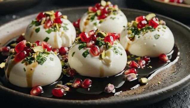 Creamy burrata cheese balls with pomegranate seeds and chopped pistachios on dark plate