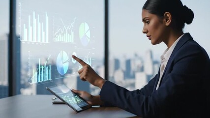 Businesswoman interacting with holographic financial charts and data analysis on a tablet in a modern office setting - Powered by Adobe