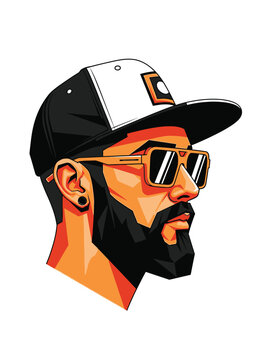 Stylish man with beard and sunglasses wearing a cap, side profile view.