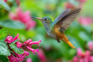 Fototapeta premium Hummingbird hovers, wings spread, by pink flowers. The small bird is colorful with a vibrant orange tail.