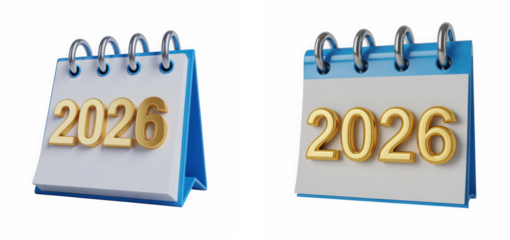 Two different angles of a 3d rendered desk calendar displaying the year twenty twenty six on transparent background