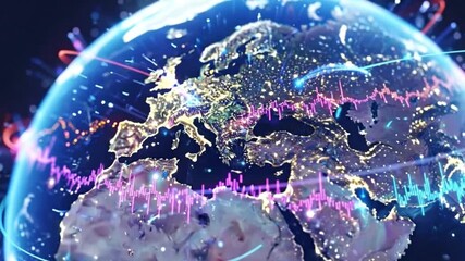 Global finance and technology concept earth at night with digital data streams and stock market graphs overlay - Powered by Adobe
