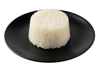 Perfectly Cooked White Rice Stack on Black Plate Isolated