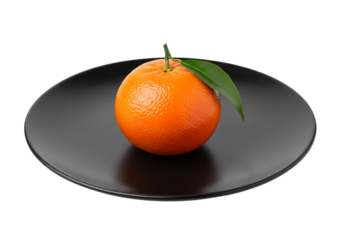 Single Clementine on Black Plate, Isolated White Background