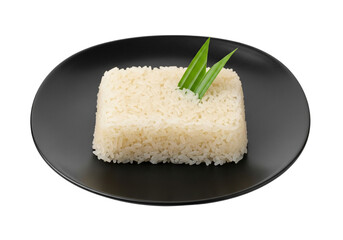 Steamed Rice on Black Plate with Pandan Leaf Garnish