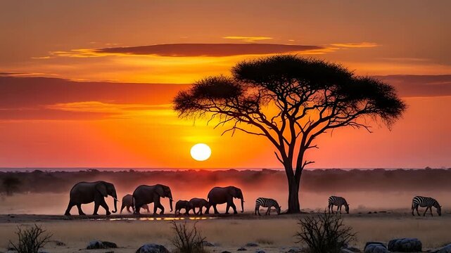 sunrise savannah elephants and zebras silhouettes under acacia tree