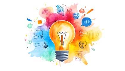 Bright watercolor light bulb illustration encircled by colorful icons representing imagination, creativity, and innovation, isolated on white, delicate and vivid style
