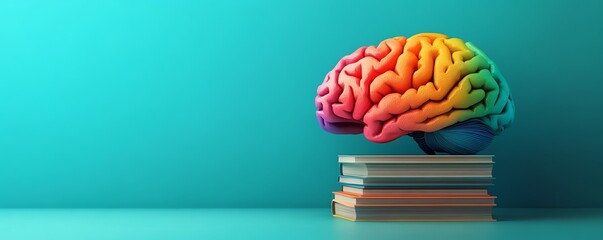 Colorful brain on books, knowledge, learning, creativity