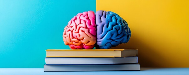 Colorful brain on books, knowledge, learning, creativity