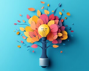 Colorful idea tree on blue background Concept of growth, innovation, and knowledge