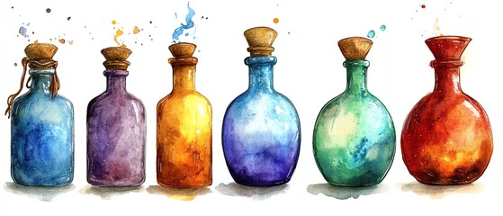Colorful watercolor potion bottles, fantasy, magic, alchemy