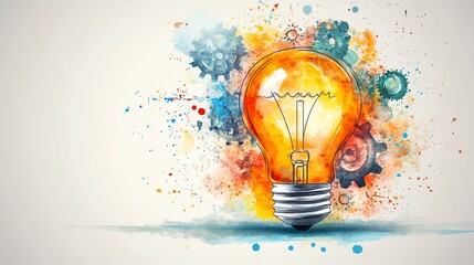 Conceptual light bulb with artistic gears and inspiration icons, watercolor clipart style, isolated background, representing smart and innovative ideas