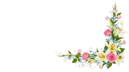 Corner floral arrangement with pink roses and white lilies, elegant border design element isolated on transparent background