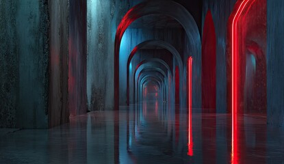 Long, arch-lined corridor with red glowing lights and concrete walls reflecting neon hues