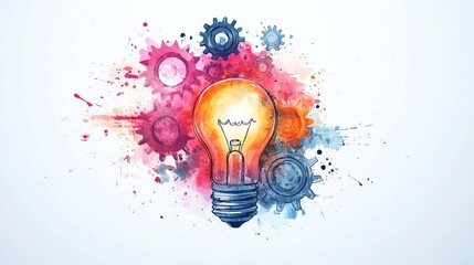 Conceptual light bulb with artistic gears and inspiration icons, watercolor clipart style, isolated background, representing smart and innovative ideas