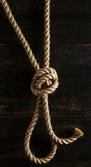 A tightly coiled length of thick hemp rope tied into a distinct hangman's knot, isolated against a dark, rough wooden backdrop ,concept ,backdrop ,symbol