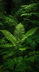 A vibrant close-up view of lush green tropical foliage and diverse plant life thriving in a dense, natural organic environment ,plant ,spring ,growth