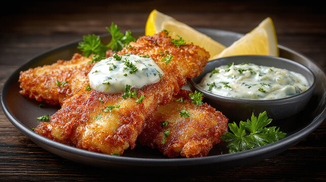 crispy fried fish fillet golden brown served on dark plate with tartar sauce lemon slice warm moody lighting for delicious healthy seafood dinner