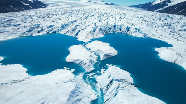Aerial drone view of a massive glacier melting into a turquoise lake. A river of meltwater flows across the vast ice sheet. Climate change and global warming concept.