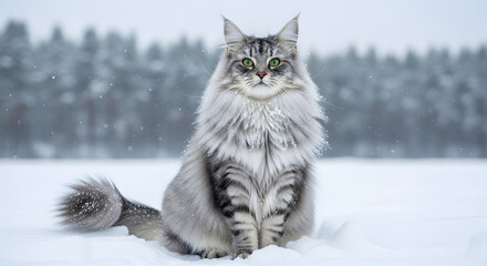 Longhaired Cat Sitting in Snow with a Tail Curled Up.
