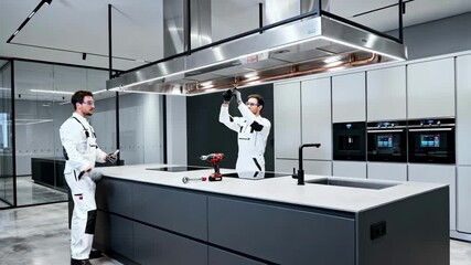 Technicians adjusting and securing ventilation systems during a custom kitchen installation emphasizing precision and modern design elements.