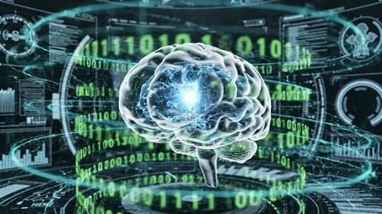 A futuristic depiction of a human brain surrounded by digital data and binary code, symbolizing artificial intelligence and technological advancement. - Powered by Adobe