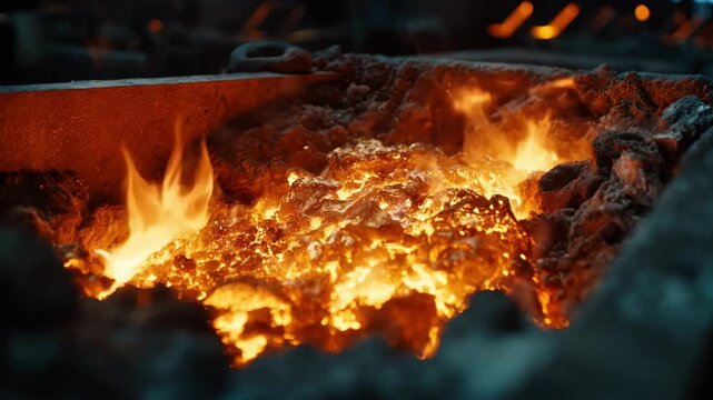 Closeup medium shot of molten titanium being melted in a hightemperature furnace as part of the recycling and metal recovery process.