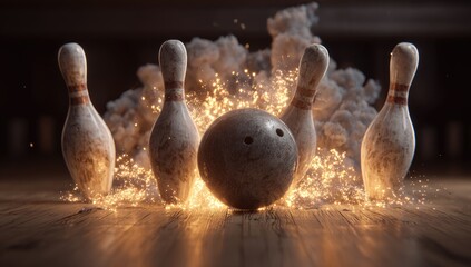 Dramatic view of bowling ball smashing into pins, with explosive sparks and cloud effects