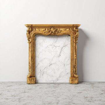 Ornate golden fireplace mantel against white wall and marble tile