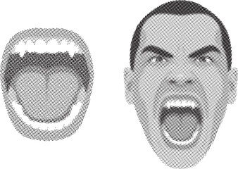A halftone depiction showing a man s face in two expressive states