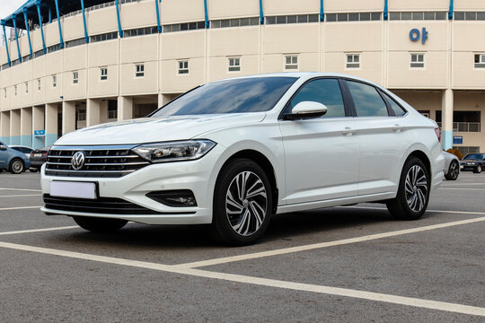 January 31, 2021, Seoul, South Korea - A white Volkswagen Jetta sedan parked in a parking lot.