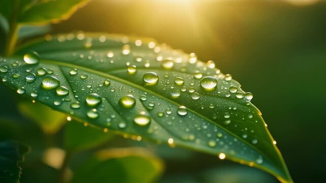 A peaceful morning garden moment showing dew resting on a leaf with gentle motion from a soft breeze creating a calm natural atmosphere