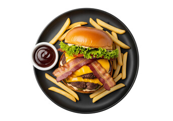 Double Bacon Cheeseburger with Fries and BBQ Sauce Top View