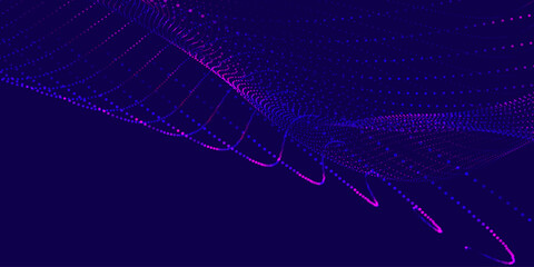 Futuristic dot wave. Abstract digital particle wave. Technology background. Colored musical wave. Dark background. Digital background with smooth, wavy curves. 3D vector illustration