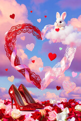 Valentine's Day Heart Clouds Vector Illustration Roses Sky Dreamy Romantic Love Greeting Card Poster Background Fantasy Celebration Graphic Template Download Stock Art Ethereal Design Pastel Colors Wh